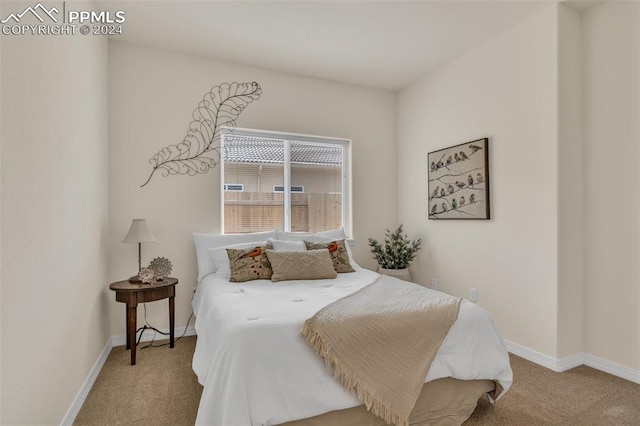 bedroom featuring light carpet