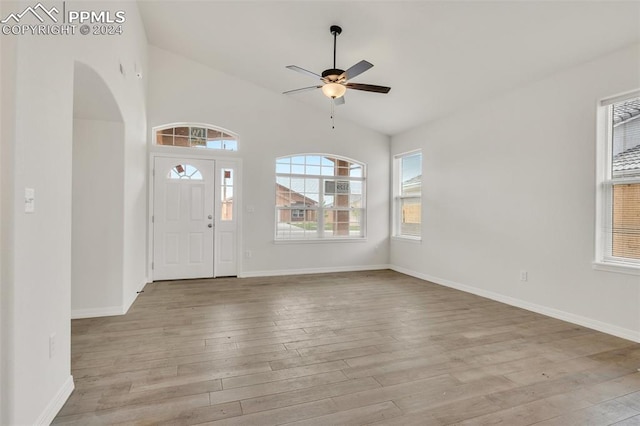 entrance foyer with light hardwood / wood-style flooring and ceiling fan