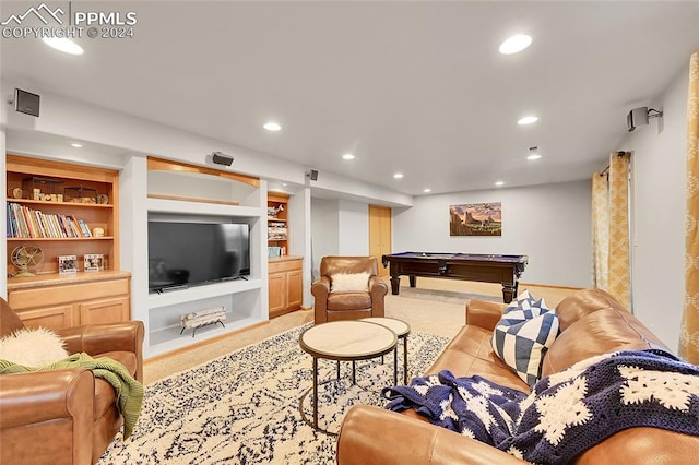 living room with pool table and built in features