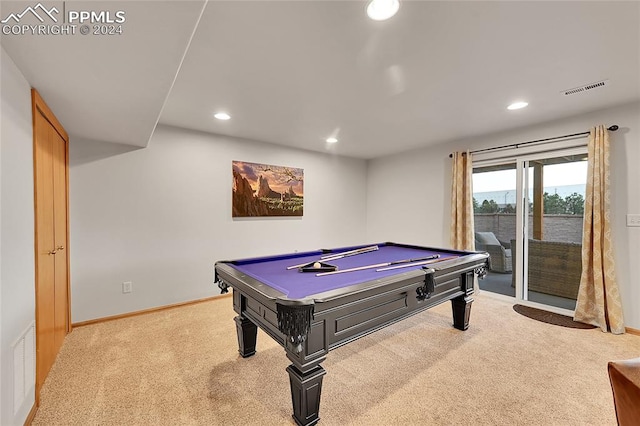 rec room with light carpet and pool table