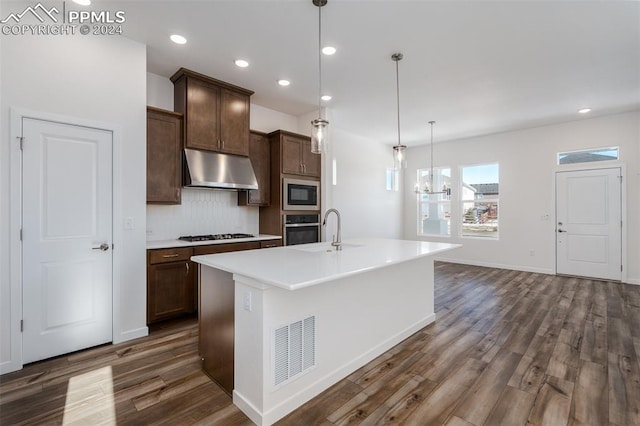 kitchen featuring sink, stainless steel appliances, dark hardwood / wood-style floors, an island with sink, and decorative light fixtures