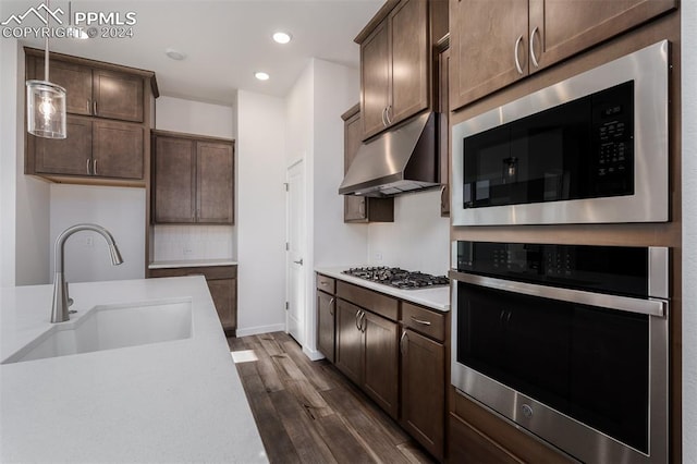 kitchen with pendant lighting, exhaust hood, sink, dark hardwood / wood-style flooring, and stainless steel appliances