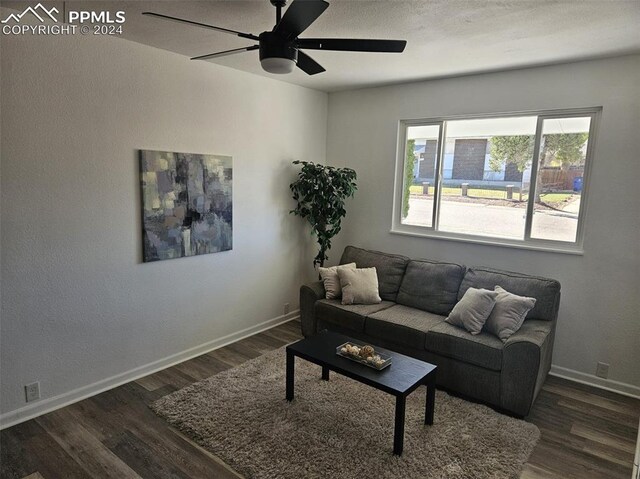 living room with ceiling fan and dark hardwood / wood-style floors