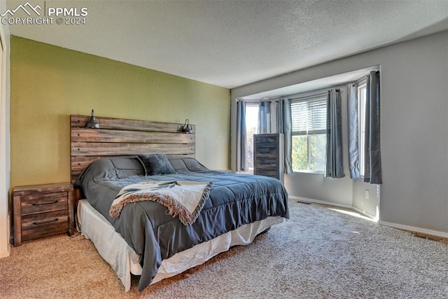 carpeted bedroom with a textured ceiling