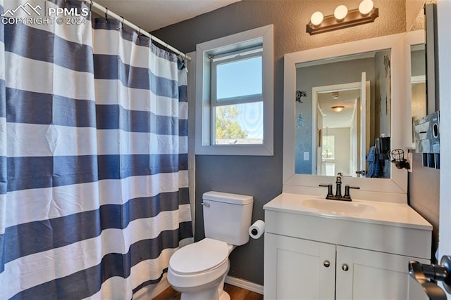 bathroom with vanity, toilet, hardwood / wood-style flooring, and curtained shower