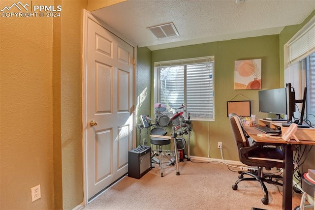 home office featuring a textured ceiling and carpet floors