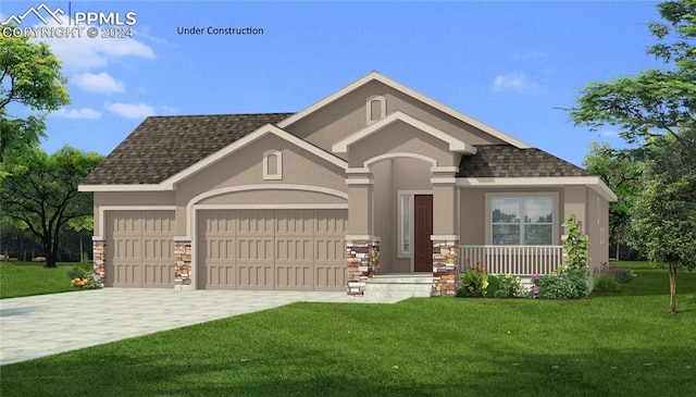 view of front of property featuring an attached garage, a front lawn, decorative driveway, and stucco siding