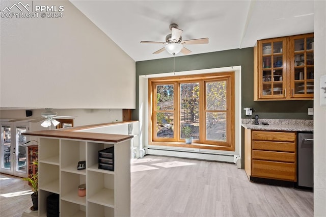 interior space with a baseboard heating unit, dishwasher, light wood-type flooring, and ceiling fan