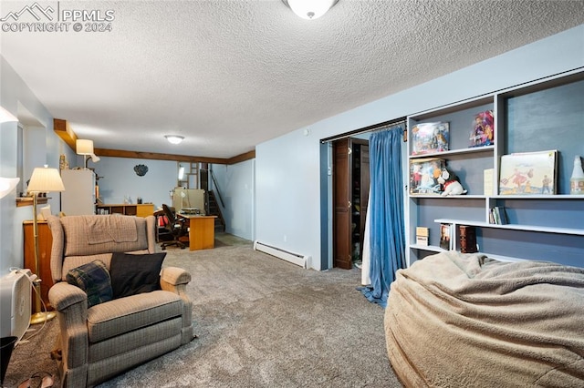 carpeted bedroom featuring a baseboard heating unit, a textured ceiling, and white refrigerator