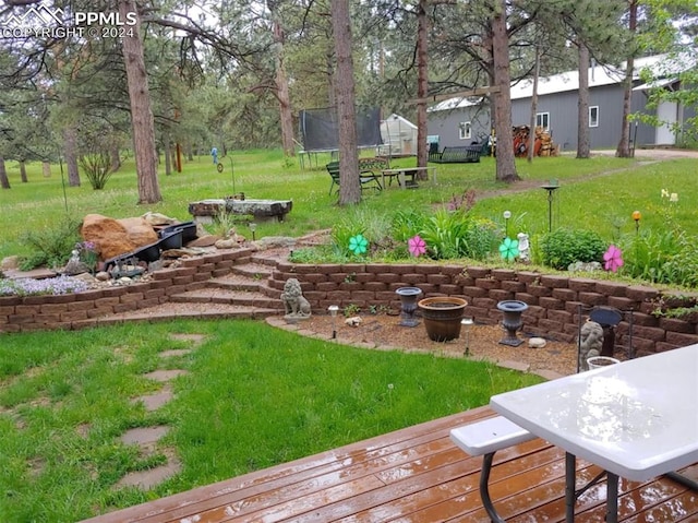 view of yard featuring a deck and a trampoline