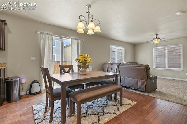 dining room featuring light hardwood / wood-style flooring, a textured ceiling, and ceiling fan with notable chandelier