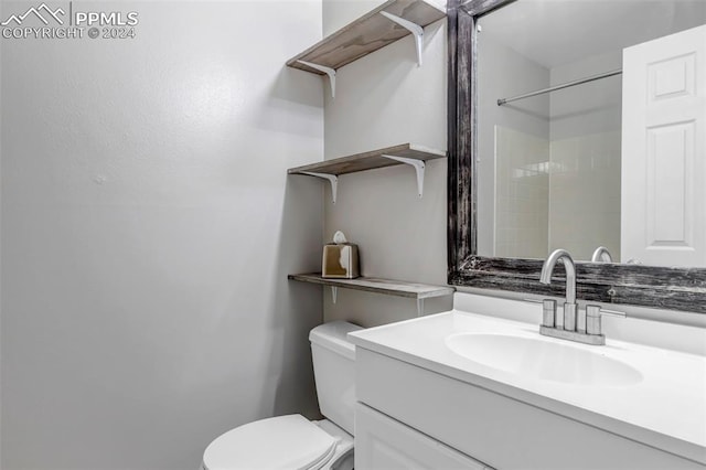 bathroom with a shower, vanity, and toilet