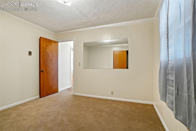 spare room with a textured ceiling and light colored carpet