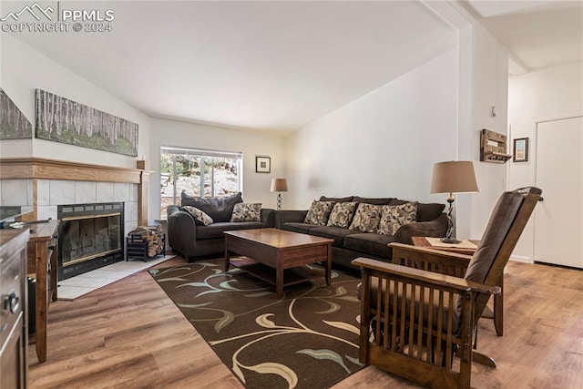 living room featuring light hardwood / wood-style flooring and a fireplace