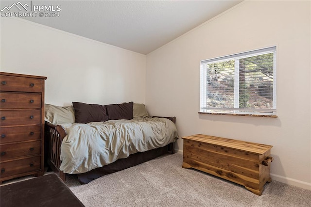 bedroom featuring light carpet and crown molding