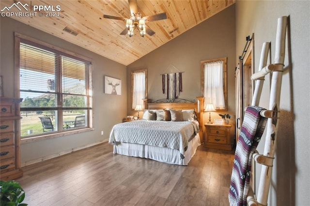 bedroom featuring hardwood / wood-style floors, wood ceiling, ceiling fan, and vaulted ceiling