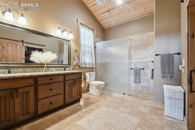 bathroom with vanity, wood ceiling, toilet, a shower, and lofted ceiling