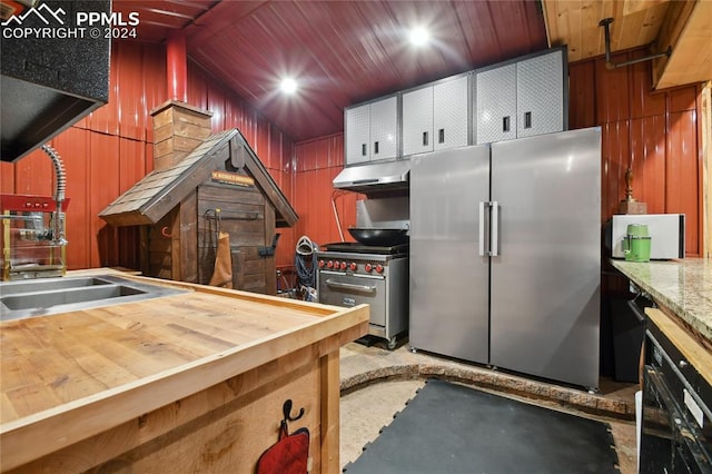 kitchen with high quality appliances, sink, wooden walls, and lofted ceiling