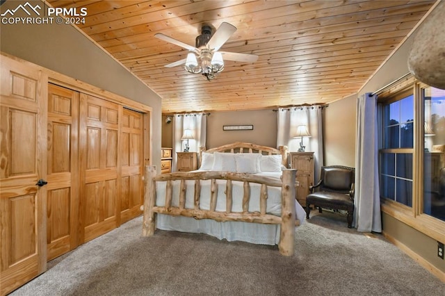 bedroom with carpet, lofted ceiling, ceiling fan, and wood ceiling