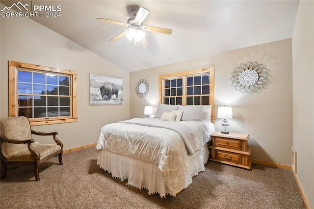 bedroom featuring carpet floors, lofted ceiling, and ceiling fan