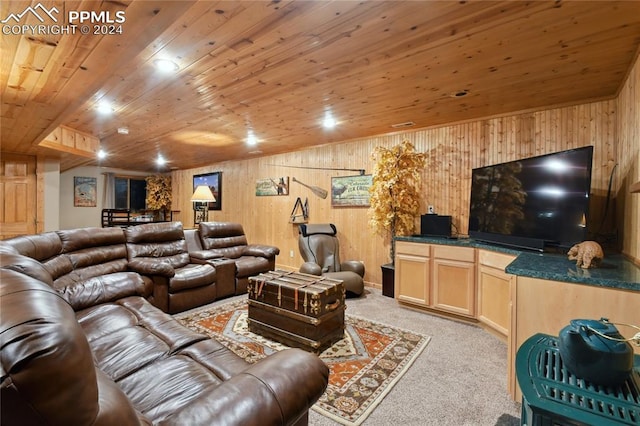 living room with light colored carpet, wood walls, vaulted ceiling, and wooden ceiling