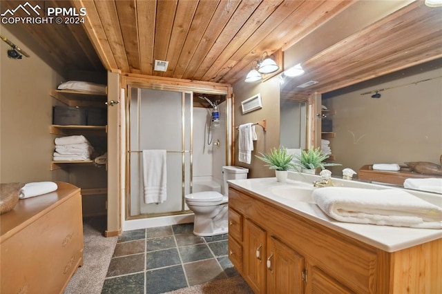 bathroom with vanity, a shower with shower door, wood ceiling, and toilet