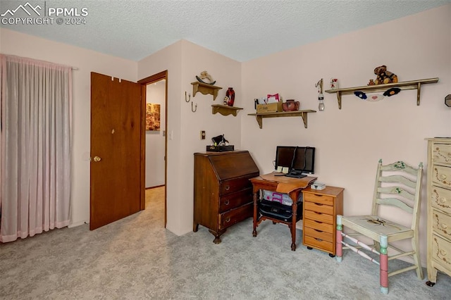 home office featuring a textured ceiling and light carpet