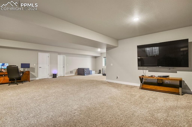 interior space featuring carpet flooring and a textured ceiling