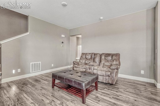 living room featuring a textured ceiling and light hardwood / wood-style flooring