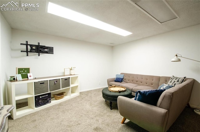 living room featuring carpet and a textured ceiling