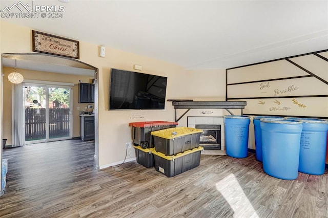 interior space featuring a tiled fireplace and wood-type flooring