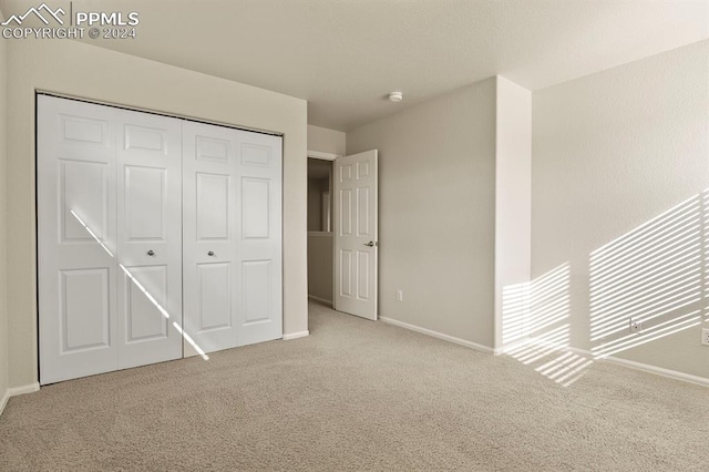 unfurnished bedroom with light colored carpet and a closet