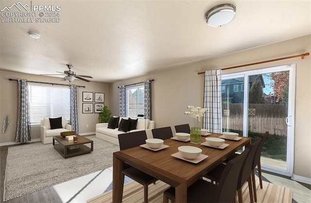 dining space with hardwood / wood-style floors, a wealth of natural light, ceiling fan, and a textured ceiling