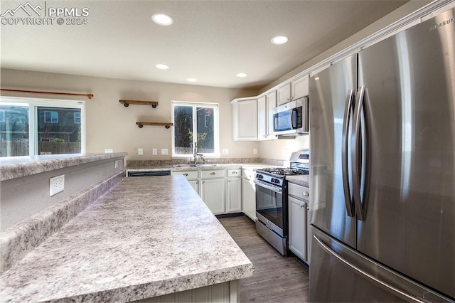 kitchen featuring white cabinetry, a wealth of natural light, dark hardwood / wood-style floors, and stainless steel appliances