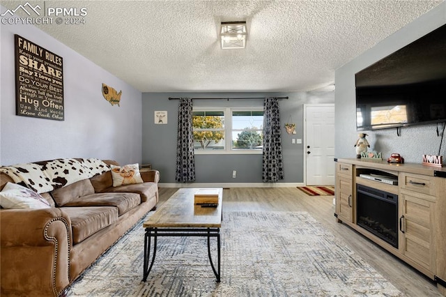 living room featuring a textured ceiling and light hardwood / wood-style floors