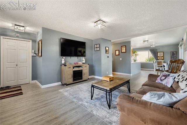 living room featuring a textured ceiling and light hardwood / wood-style flooring