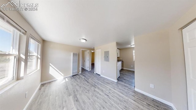 unfurnished living room with light hardwood / wood-style flooring and electric panel