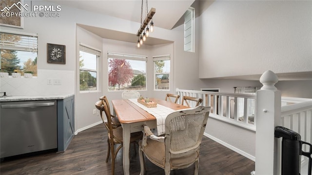 dining room with lofted ceiling and dark hardwood / wood-style flooring