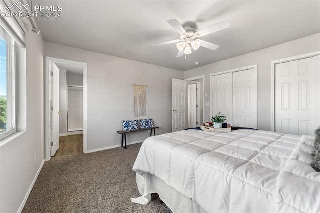 carpeted bedroom with multiple windows, ceiling fan, and two closets