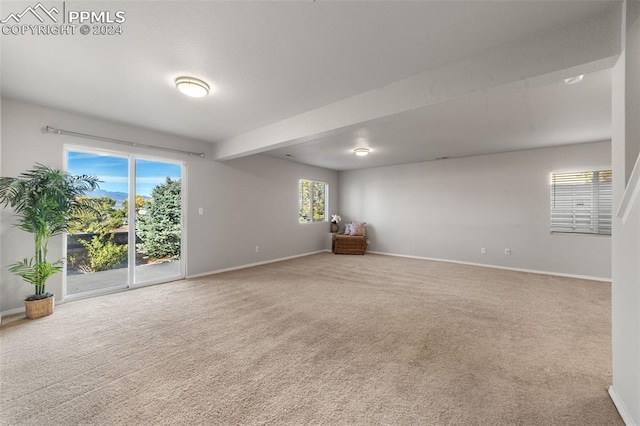 spare room featuring beamed ceiling and carpet