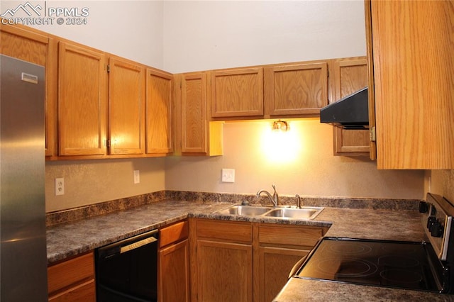 kitchen with black appliances, ventilation hood, and sink