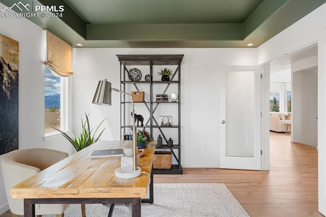 home office featuring hardwood / wood-style flooring and a tray ceiling