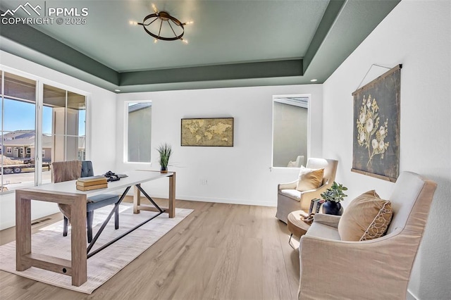 8542 Noreen Falls Dr, Colorado Springs, CO 80924 - office area with a tray ceiling, wood finished floors, and baseboards