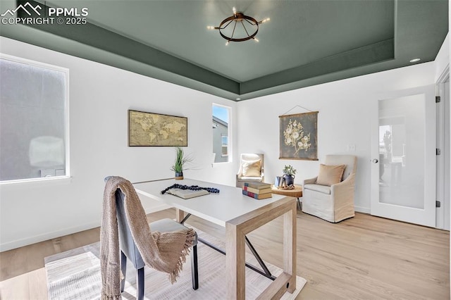8542 Noreen Falls Dr, Colorado Springs, CO 80924 - home office featuring light wood-type flooring, a raised ceiling, and baseboards