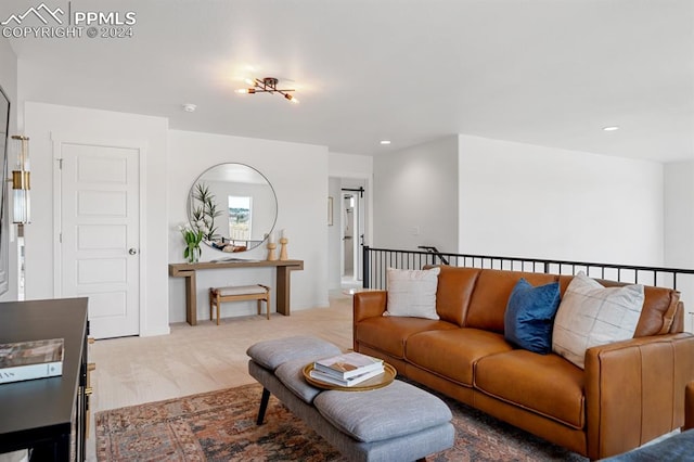 living room featuring light carpet