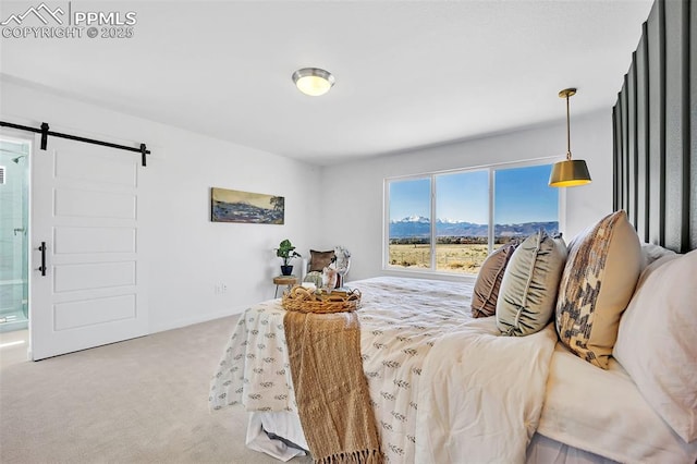 8542 Noreen Falls Dr, Colorado Springs, CO 80924 - carpeted bedroom with a barn door and a mountain view