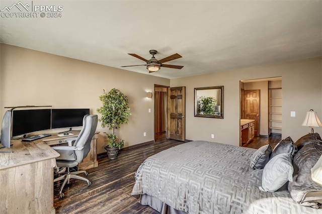 bedroom featuring dark wood-type flooring, ceiling fan, and connected bathroom