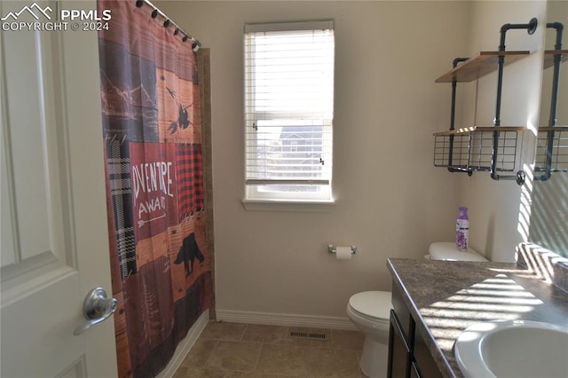 bathroom featuring vanity, toilet, and a shower with curtain