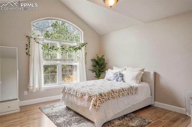 bedroom featuring baseboards, vaulted ceiling, multiple windows, and light wood-style floors