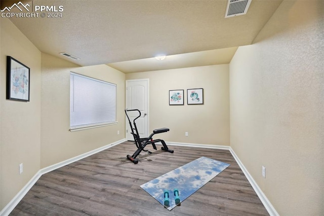 exercise room with wood-type flooring